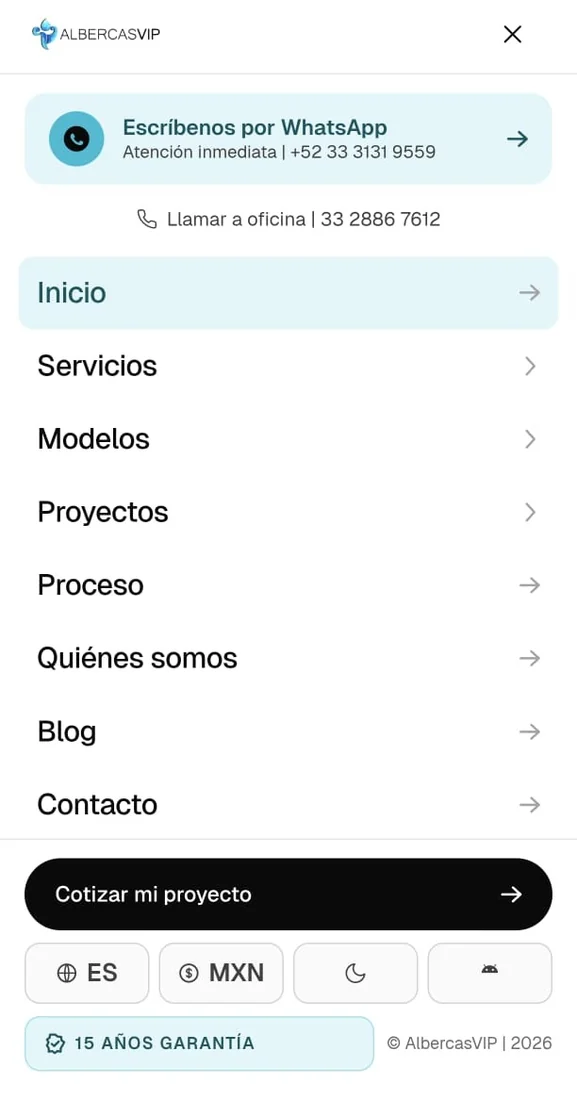 AlbercasVIP · Menú: WhatsApp, teléfono, idioma, moneda y tema