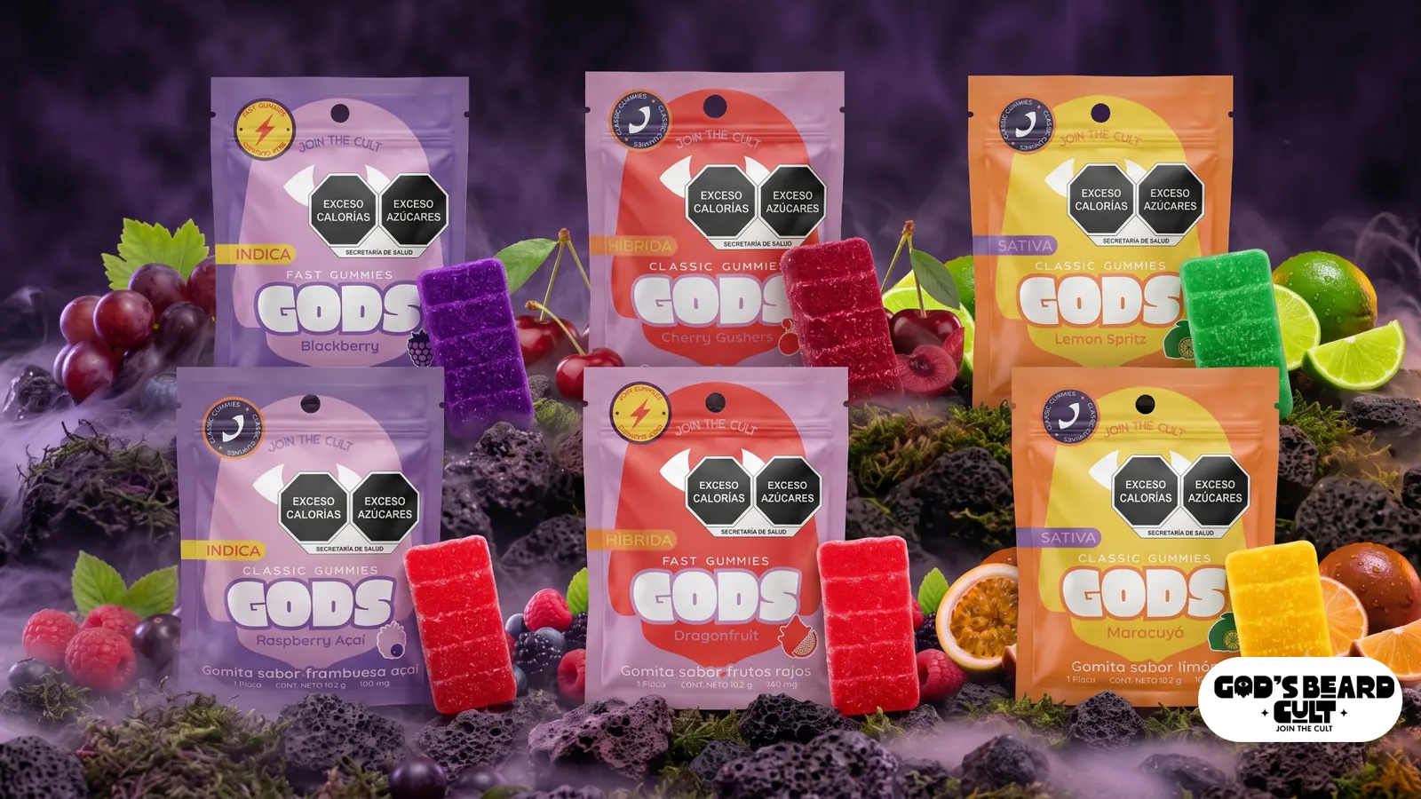 THCC · Línea de gomitas GODS Beard Cult, fotografiada para catálogo