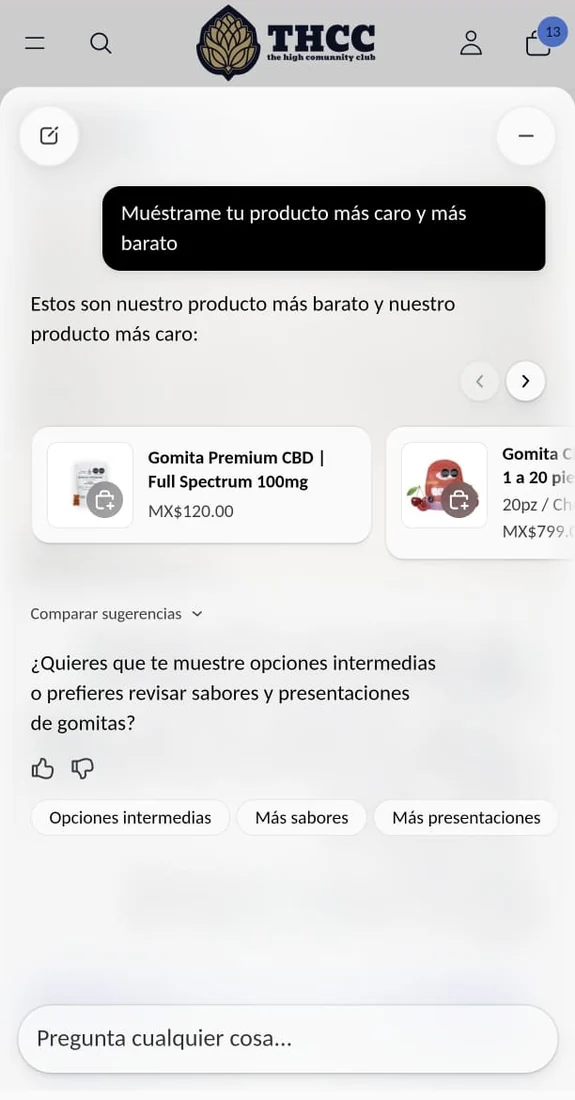 THCC · El asistente devuelve tarjetas de producto comparables